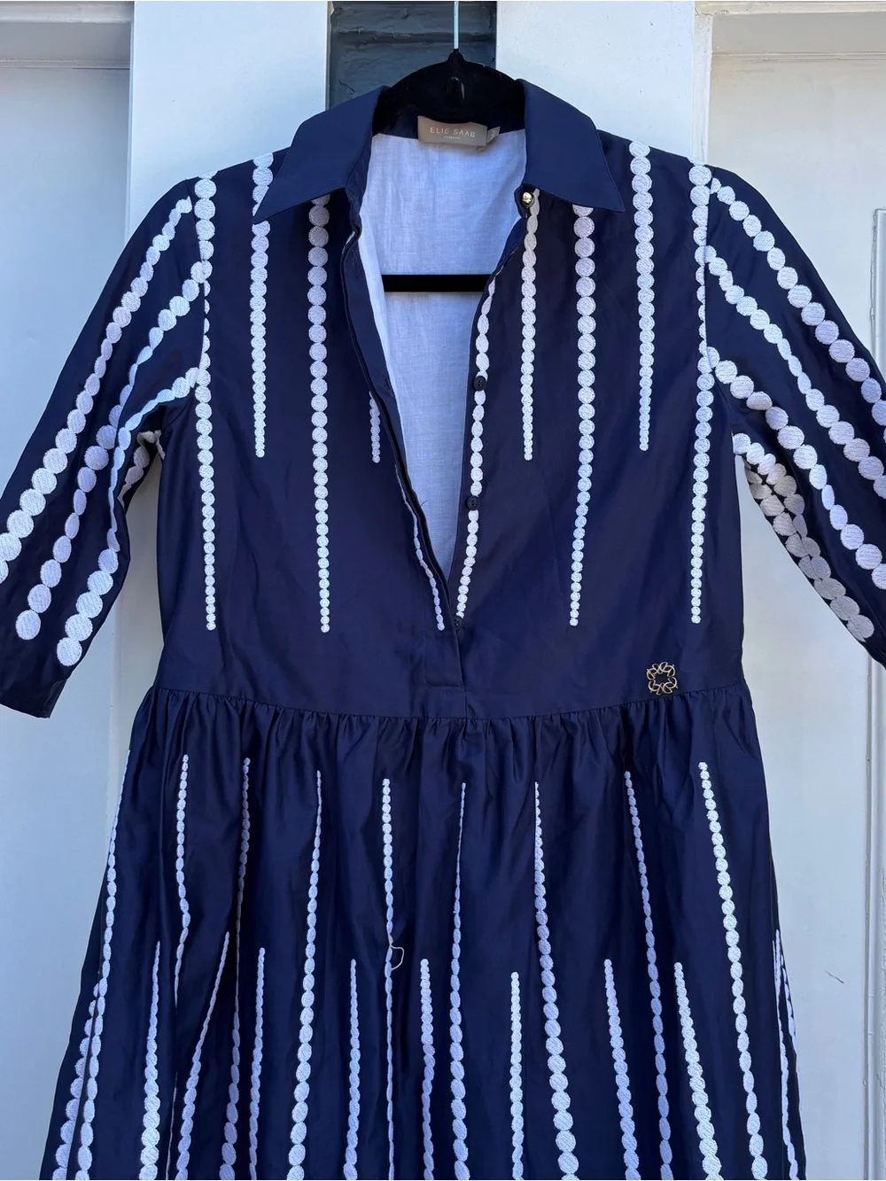 Elie Saab Junior Cotton Embroidered Accent Dress in Midnight Blue, Size 14y